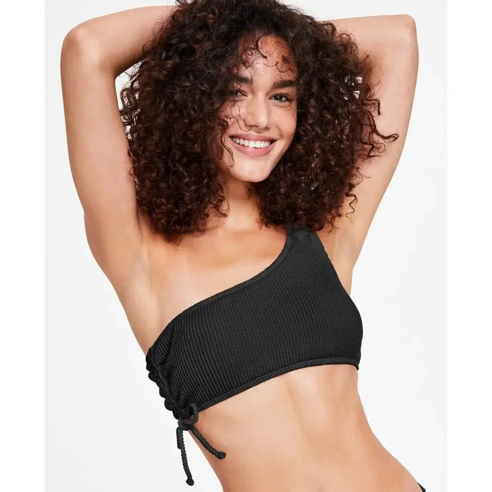 SALT + COVE Black Juniors' One-Shoulder Side-Shirred Bikini Top Size L NWOT